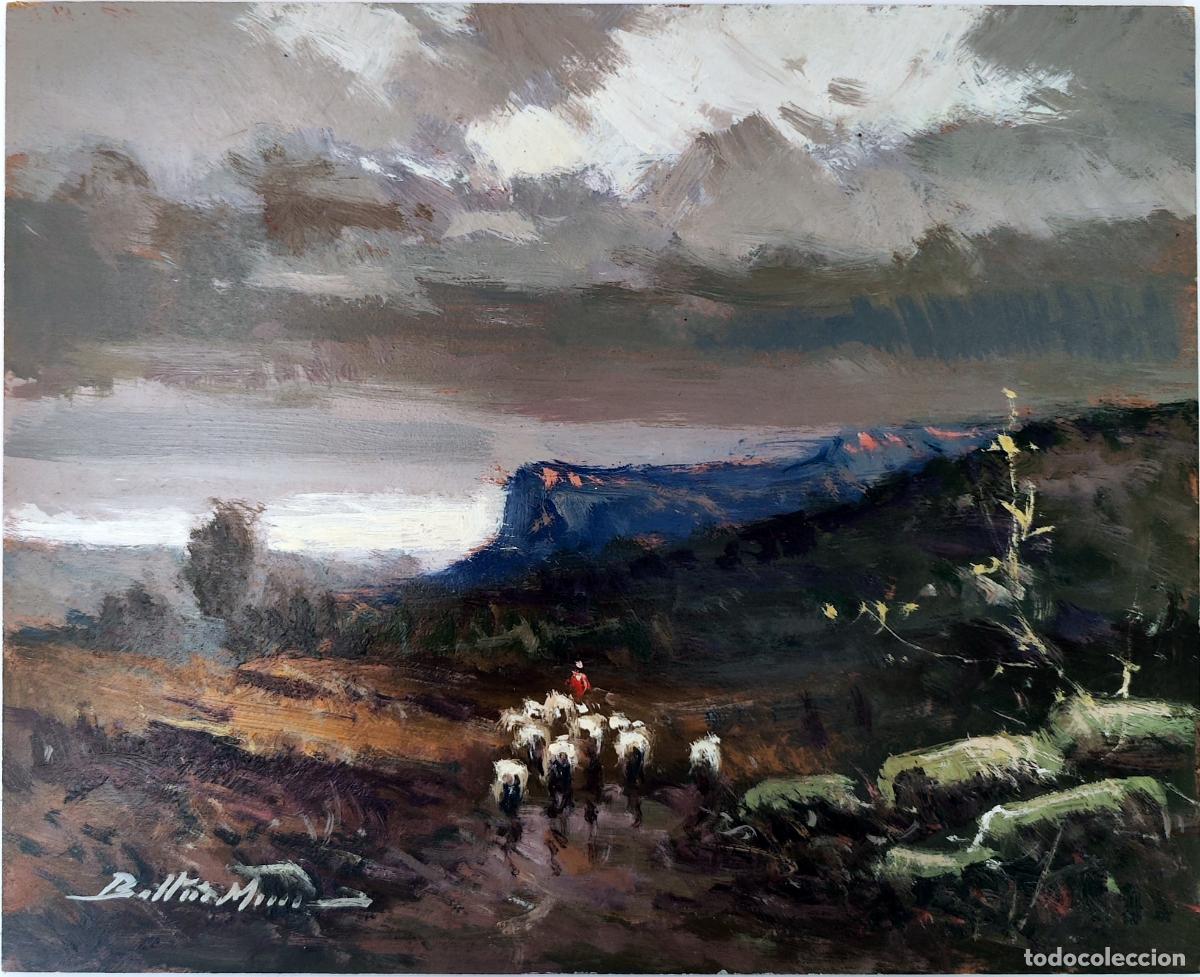 Arte: &Oacute;leo sobre tabla. Paisaje con reba&ntilde;o. Enric Beltr&aacute;n Messa. 27x22 cm
