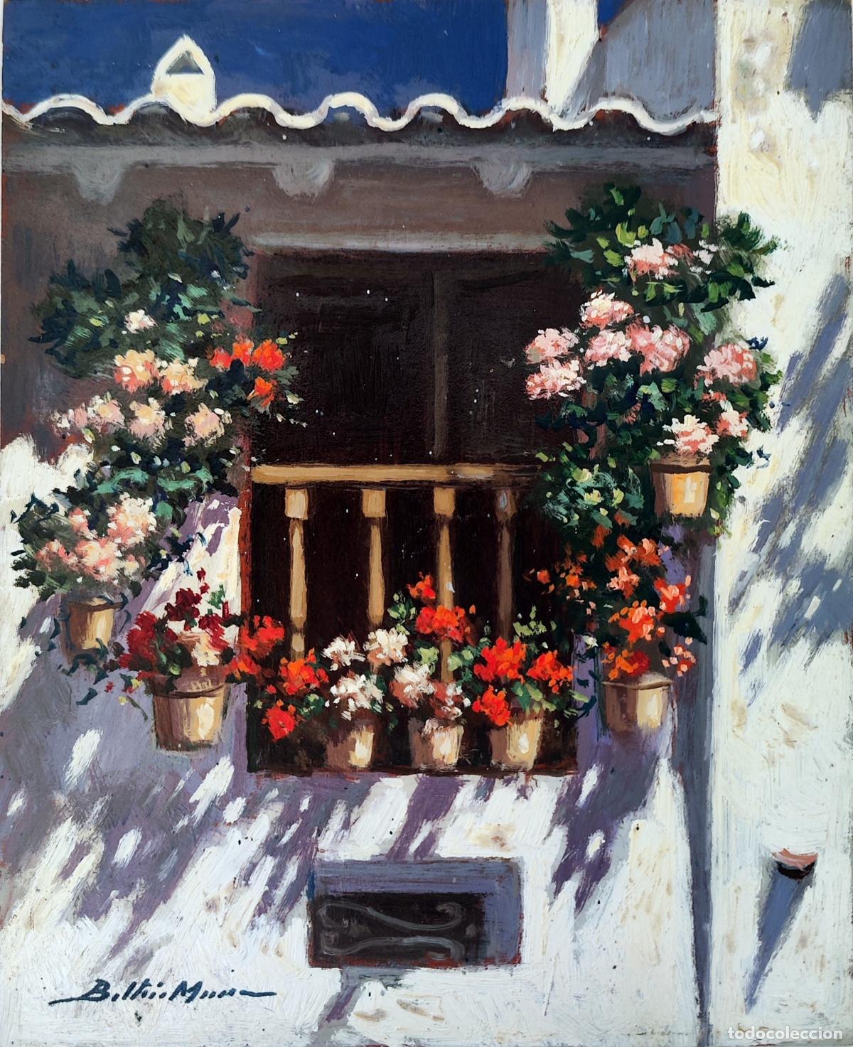 Arte: Oleo sobre tabla. Balcon con macetas. Enric Beltran Messa. 22x27 cm