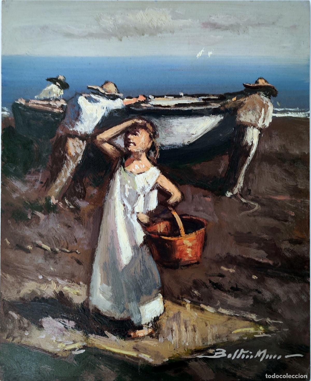 Arte: Oleo sobre tabla. Ni&ntilde;a con cesta y barcas en la playa. Enric Beltr&aacute;n Messa. 22 x 27 cm