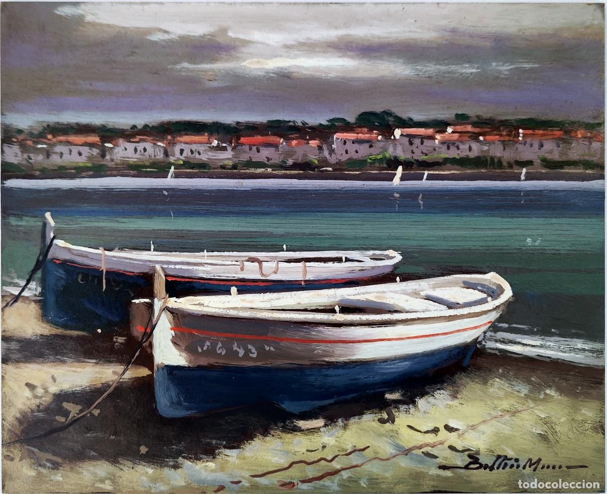 Arte: &Oacute;leo sobre tabla. Barcos en la playa. Enric Beltr&aacute;n Messa. 27x22 cm