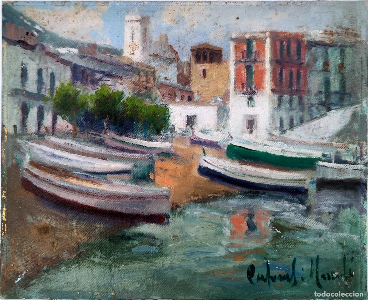 Arte: Oleo sobre tabla. Puerto y barcas. Francesc Carbonell Massab&eacute;. 27 x 22 cm