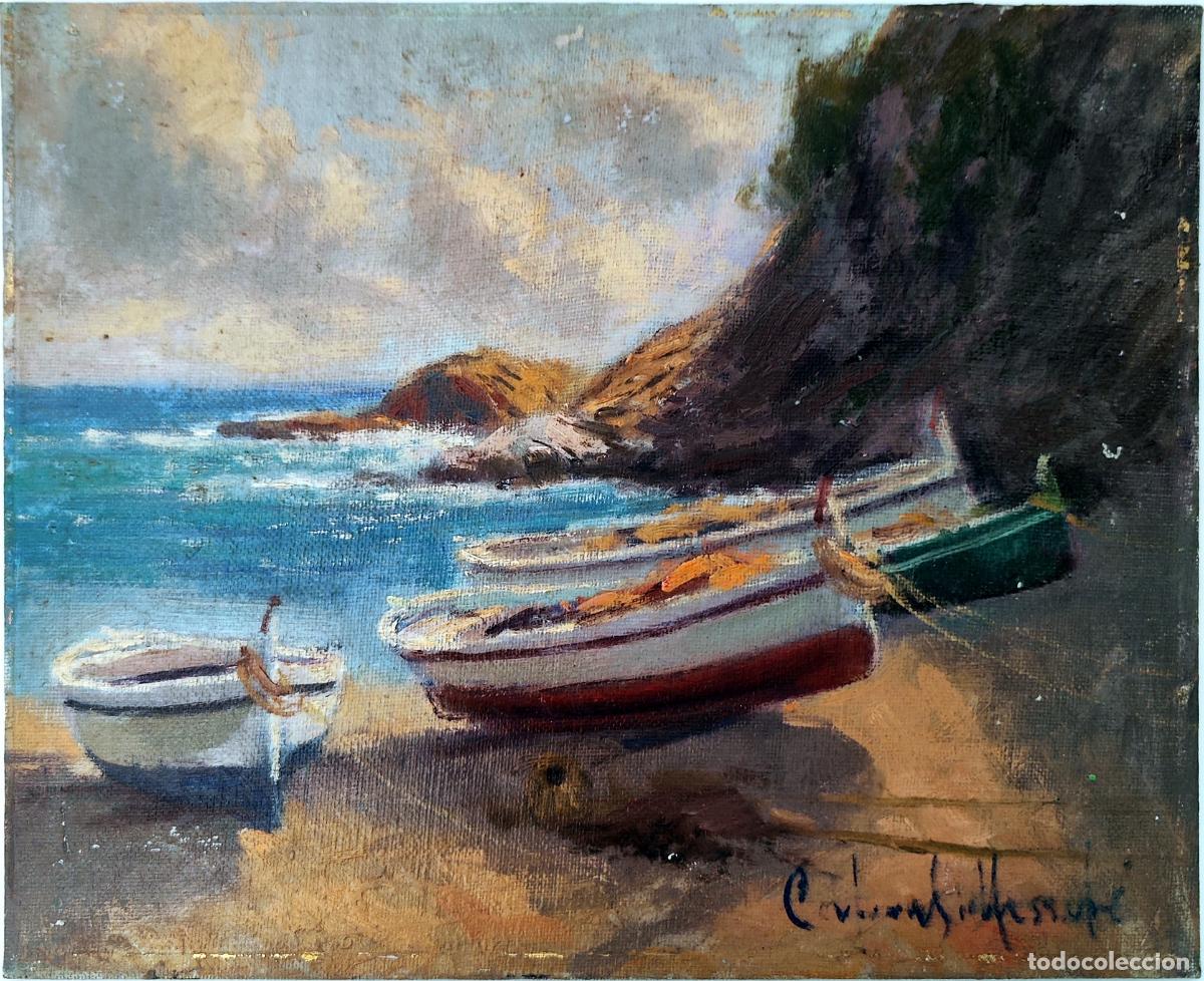 Arte: &Oacute;leo de Francesc Carbonell Massab&eacute;. Barcos en la playa. 27 x 22 cm