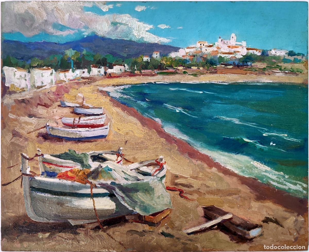 Arte: Oleo sobre tabla. Paisaje marino con barcas. Anonimo. 27 x 22 cm
