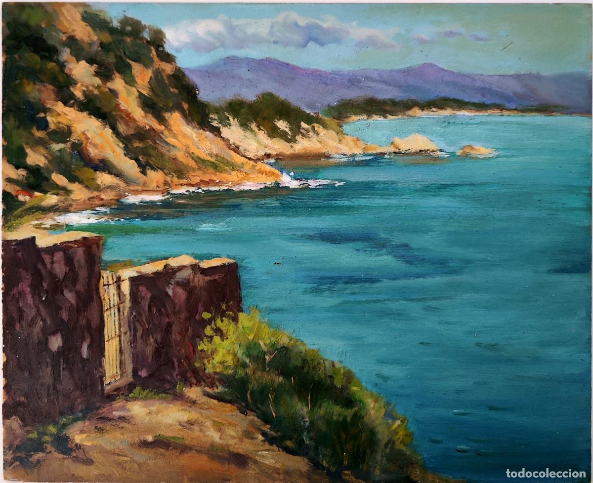 Arte: &Oacute;leo sobre tabla. Paisaje marino costero. An&oacute;nimo. 27 x 22 cm