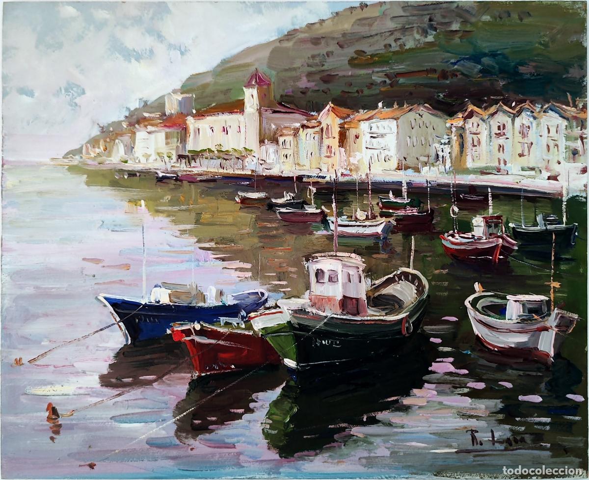 Arte: &Oacute;leo de Rafael Lara. Barcos en puerto. 27 x 22 cm