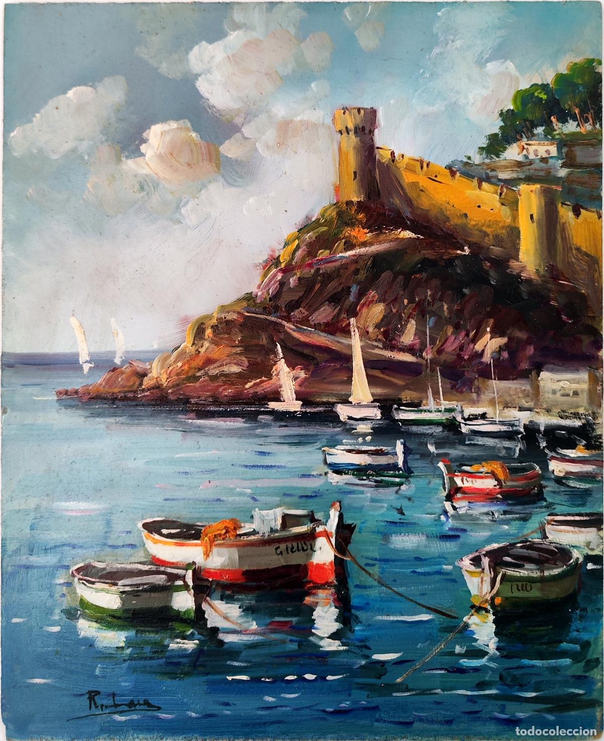 Arte: &Oacute;leo sobre tabla. Paisaje mar&iacute;timo con muralla. Rafael Lara. 22 x 27 cm