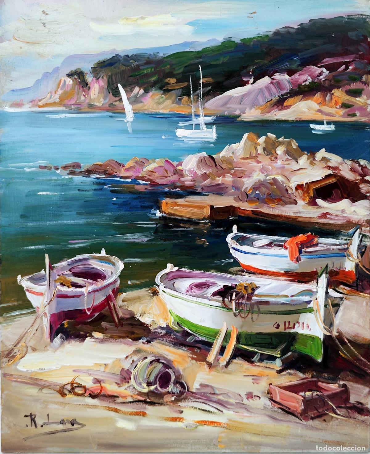 Arte: &Oacute;LEO DE RAFAEL LARA. PAISAJE MAR&Iacute;TIMO CON BARCAS. 22 x 27 CM