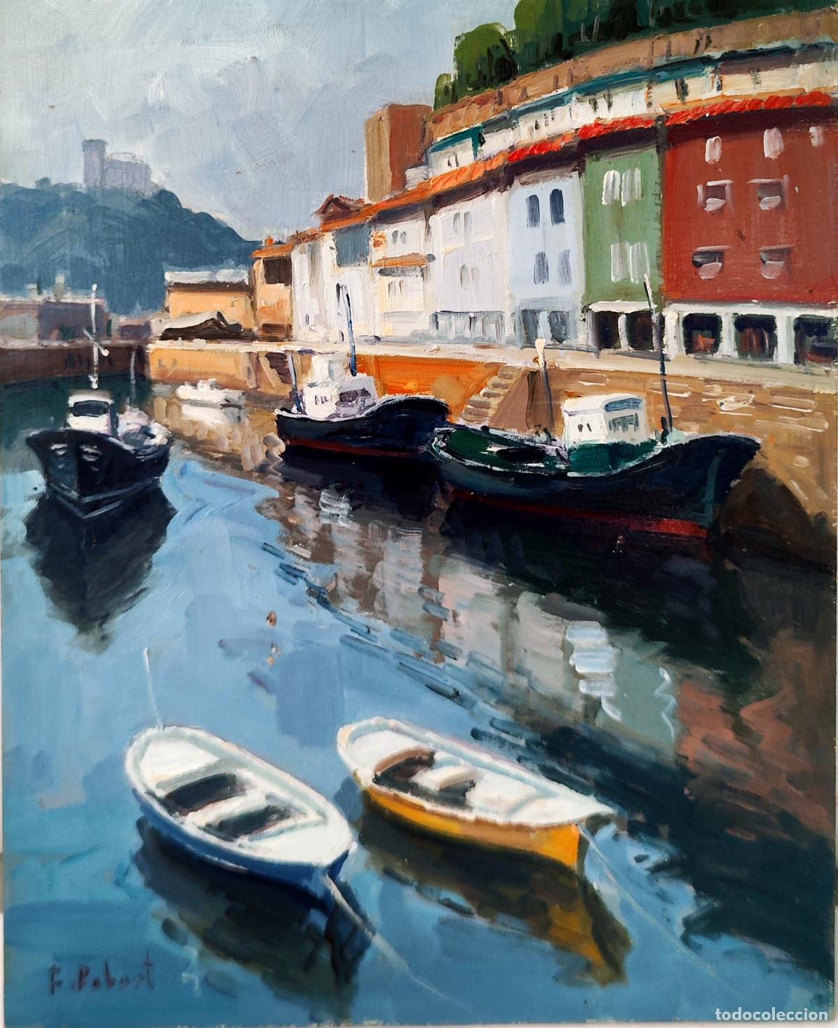 Kunst: &Oacute;leo sobre tabla. Puerto con barcas. F. Robert. 22 x 27 cm