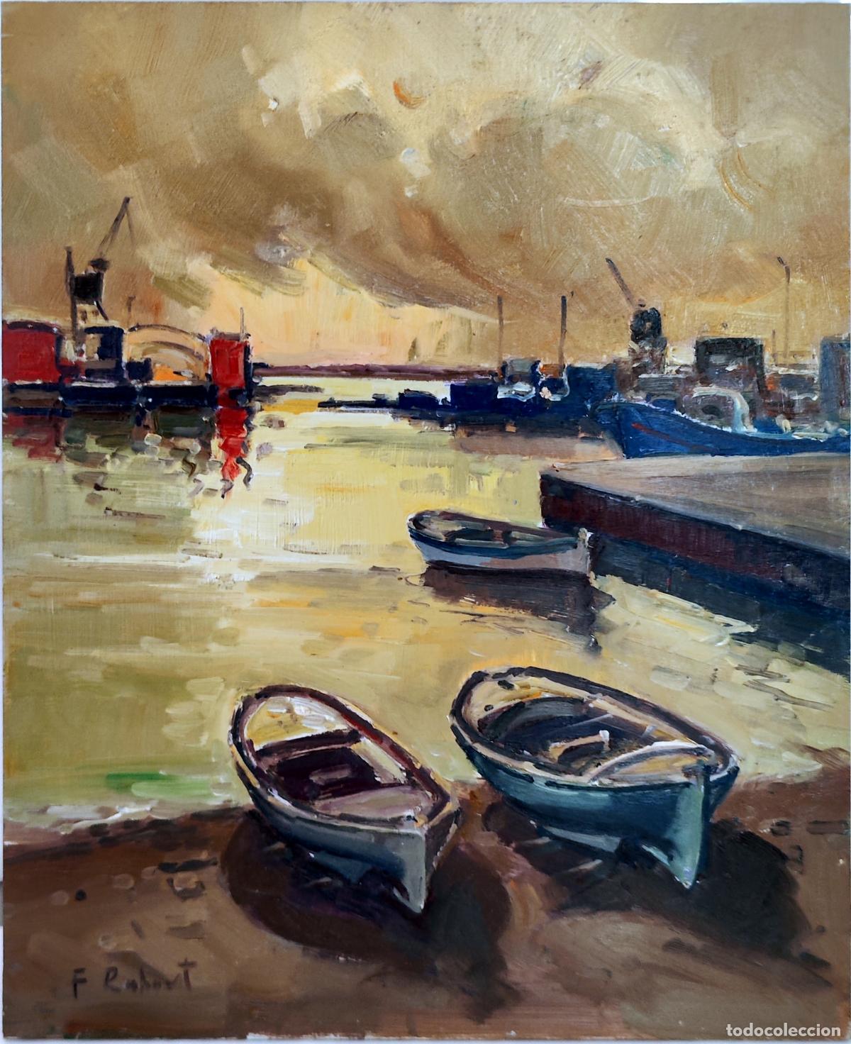Kunst: &Oacute;leo sobre tabla. Paisaje mar&iacute;timo y barcas. Firmado F Robert. 22 x 27 cm