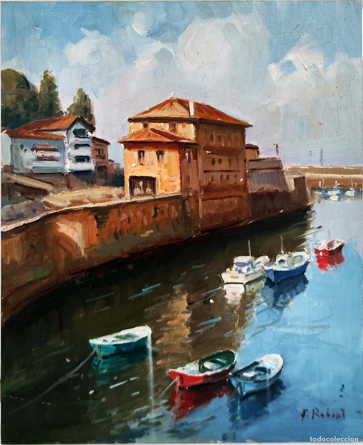 Art: &Oacute;leo sobre tabla. Paisaje mar&iacute;timo con barcas. Firmado F Robert. 22x27 cm