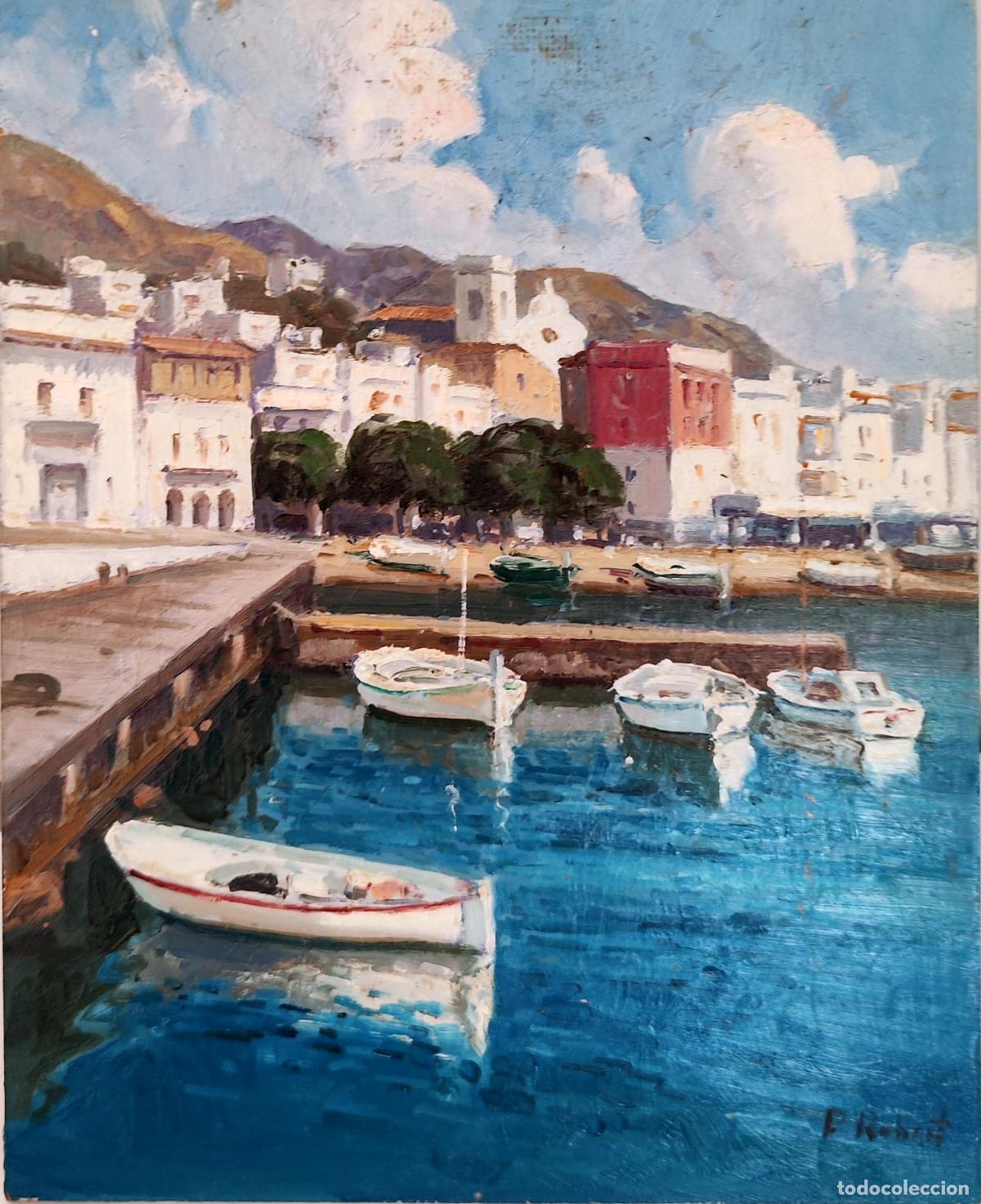 Art: &Oacute;leo de puerto mar&iacute;timo de F Robert sobre tabla. 22 x 27 cm