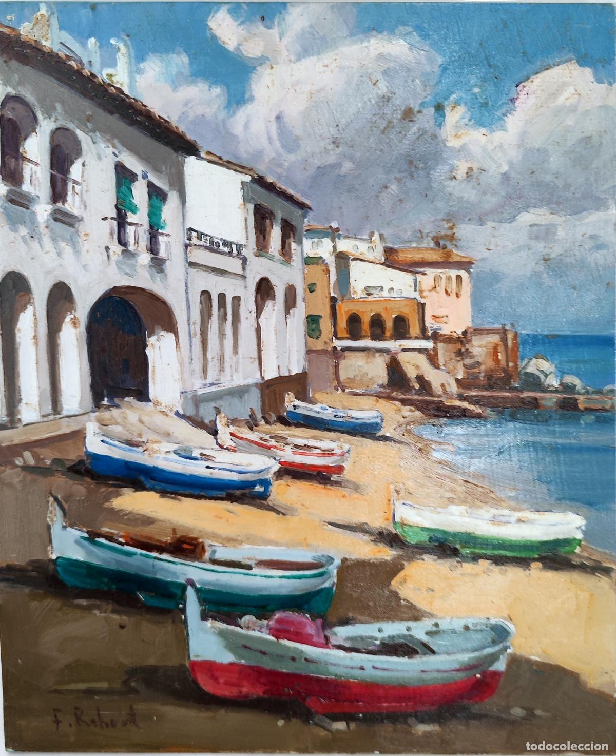 Art: &Oacute;leo sobre tabla. Paisaje mar&iacute;timo con barcas. Firmado F. Robert