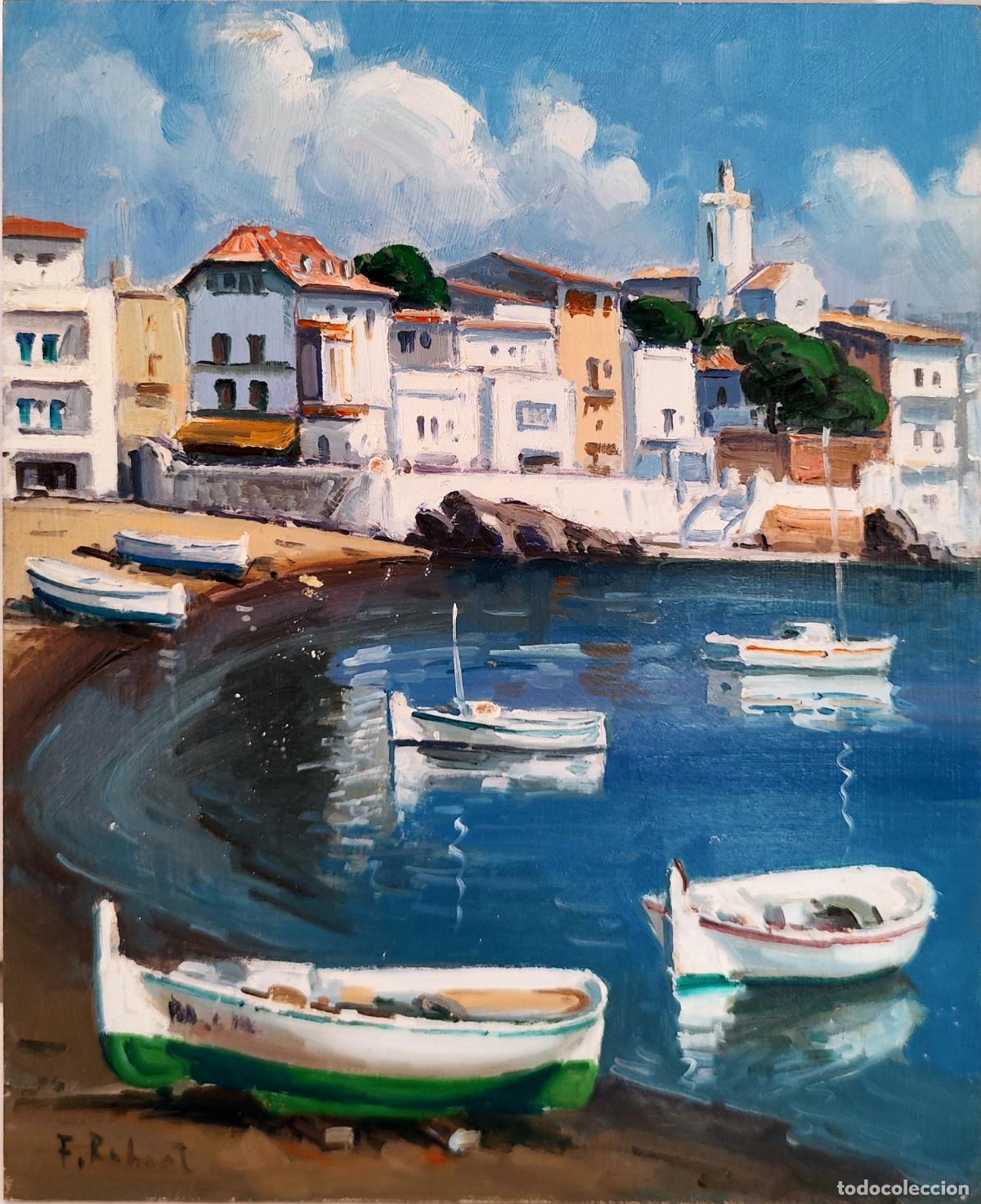 Art: &Oacute;leo sobre tabla de F. Robert. Paisaje mar&iacute;timo con barcas. 22 x 27 cm