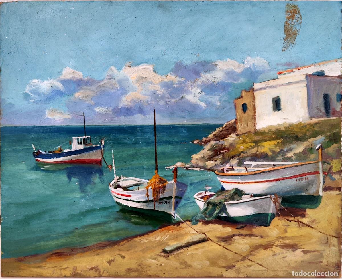 Art: &Oacute;leo sobre tabla. Paisaje mar&iacute;timo con barcos. An&oacute;nimo. 27 x 22 cm