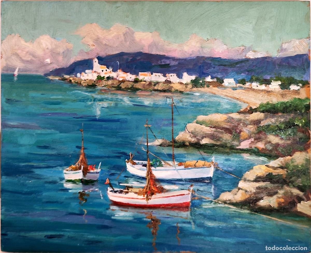 Art: &Oacute;leo sobre tabla. Paisaje mar&iacute;timo con barcas. An&oacute;nimo. 27x22 cm
