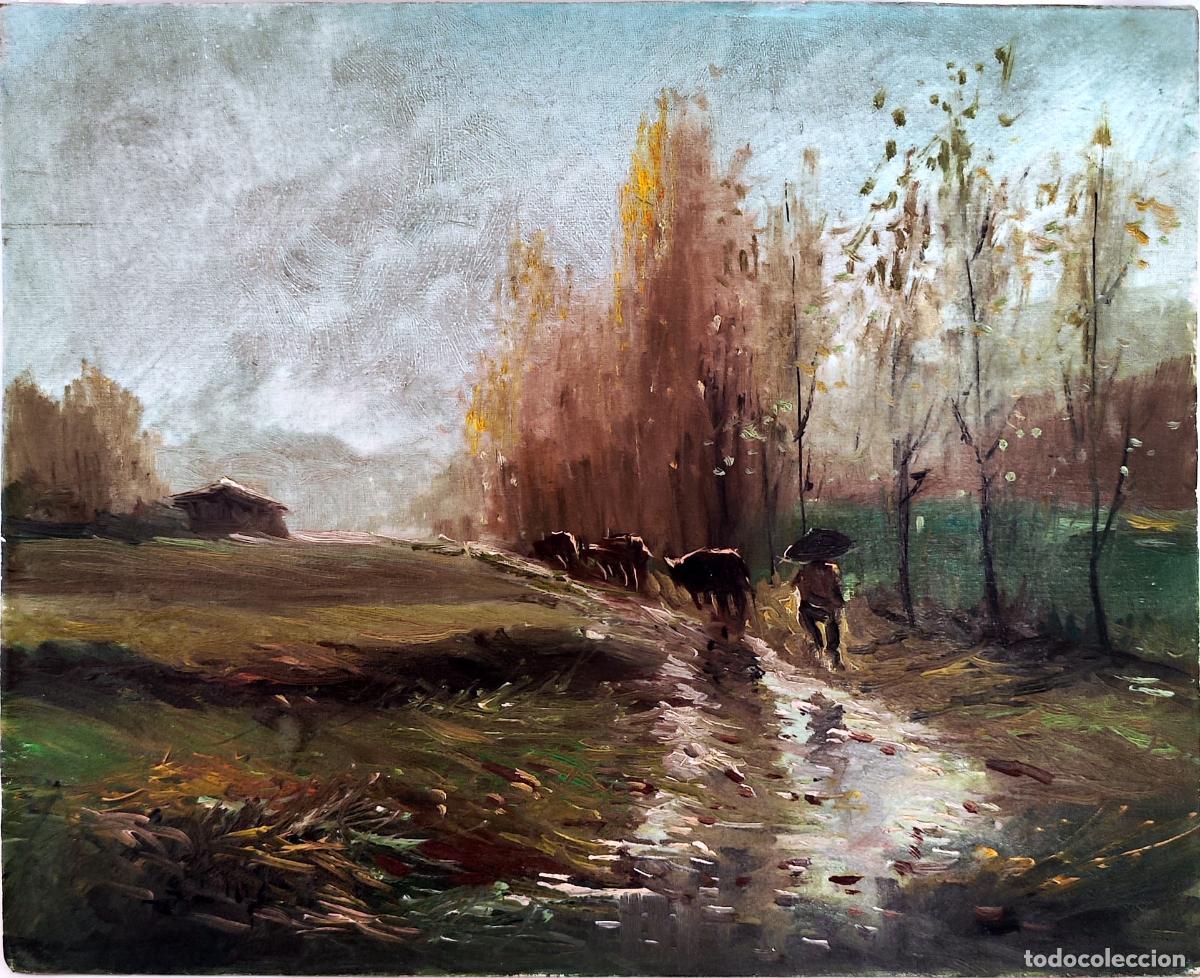 Kunst: &Oacute;leo sobre tabla. Paisaje campestre con ganado. An&oacute;nimo. 27x22 cm