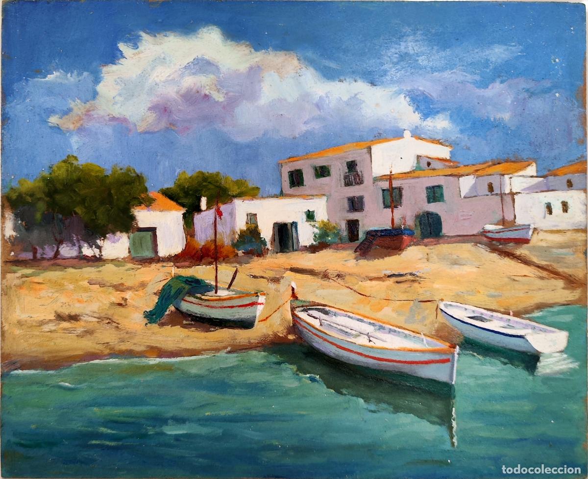 Kunst: &Oacute;LEO SOBRE TABLA. PAISAJE MAR&Iacute;TIMO CON BARCAS. AN&Oacute;NIMO. 27 X 22 CM