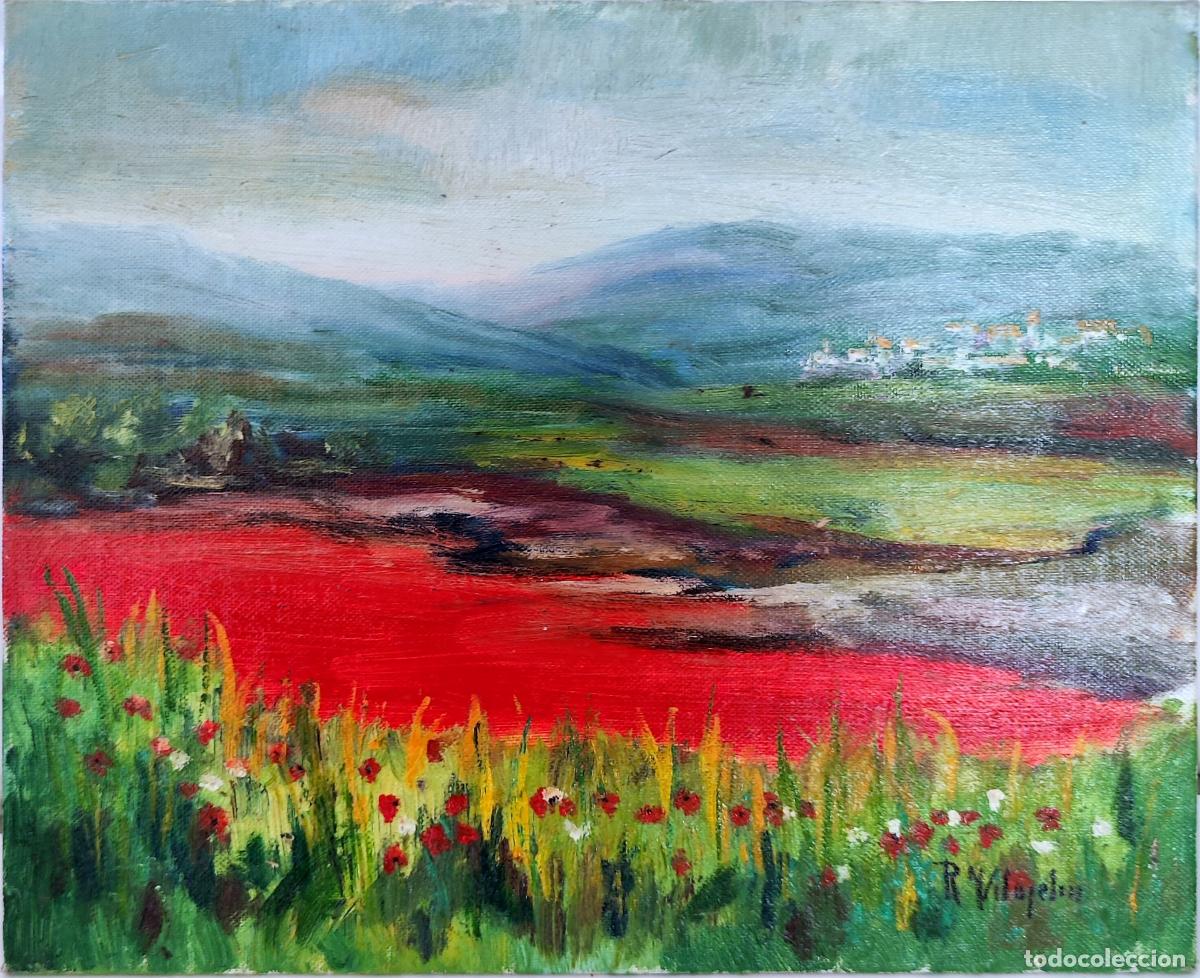 Kunst: Oleo sobre tablex. Paisaje con amapolas. Rosa Vilajeliu. 27x22 cm