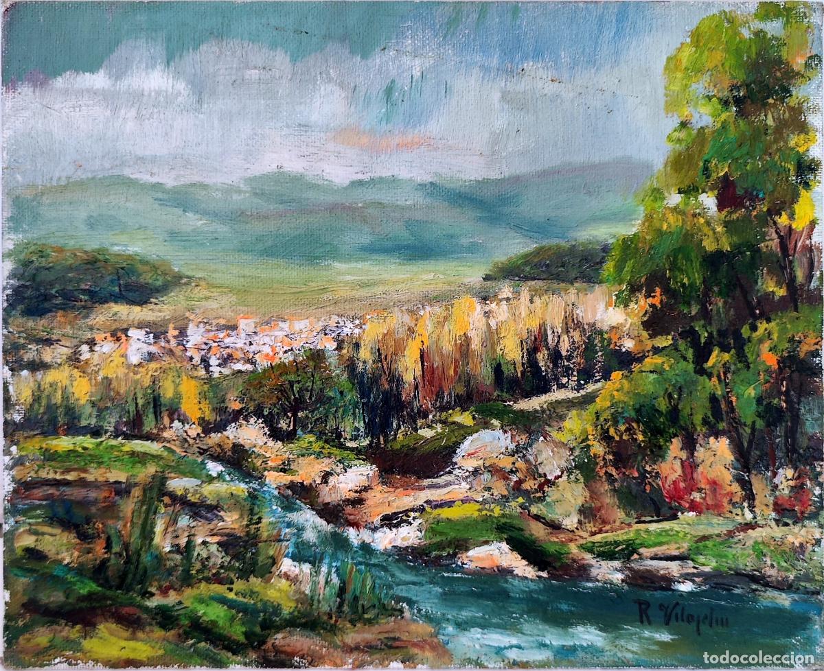 Kunst: &Oacute;leo de Rosa Vilajeliu. Paisaje con r&iacute;o y pueblo. 27 x 22 cm
