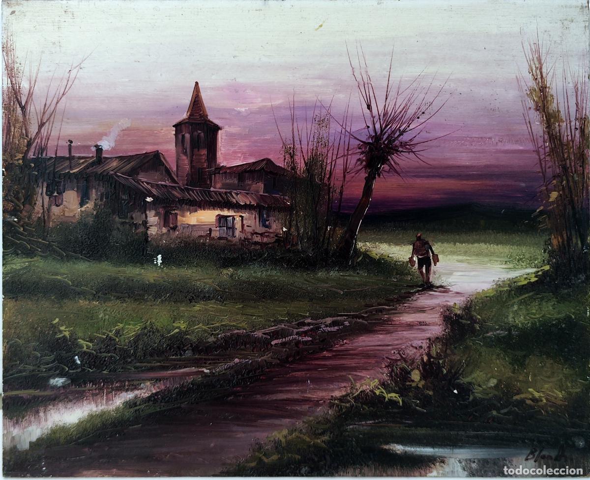 Kunst: &Oacute;leo sobre tabla. Paisaje rural. Xavier Blanch. 27 x 22 cm