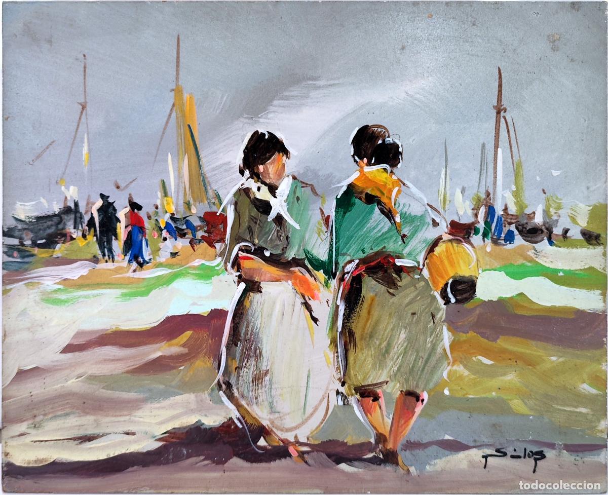 Kunst: &Oacute;leo sobre tabla. Paisaje mar&iacute;timo. Firmado Siglos. 27x22 cm