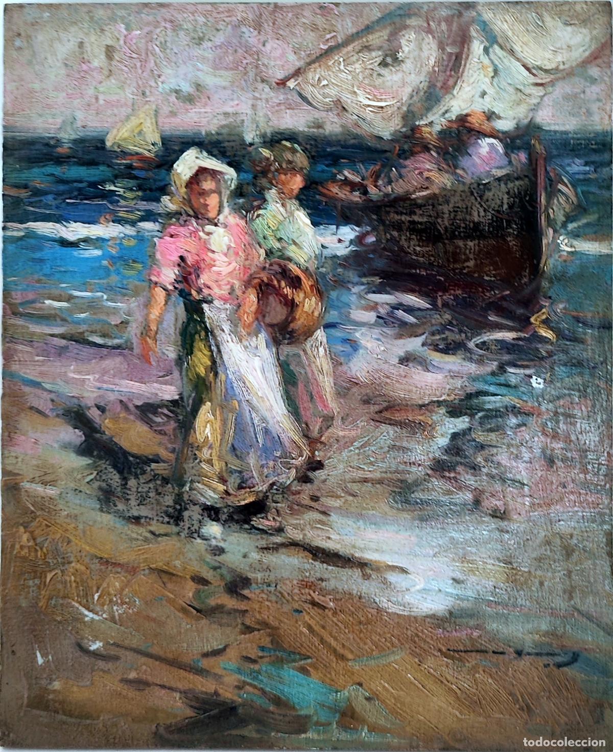 Kunst: &Oacute;leo sobre tabla de Gabriel Casarrubios. Ni&ntilde;as en la playa. 22 x 27 cm
