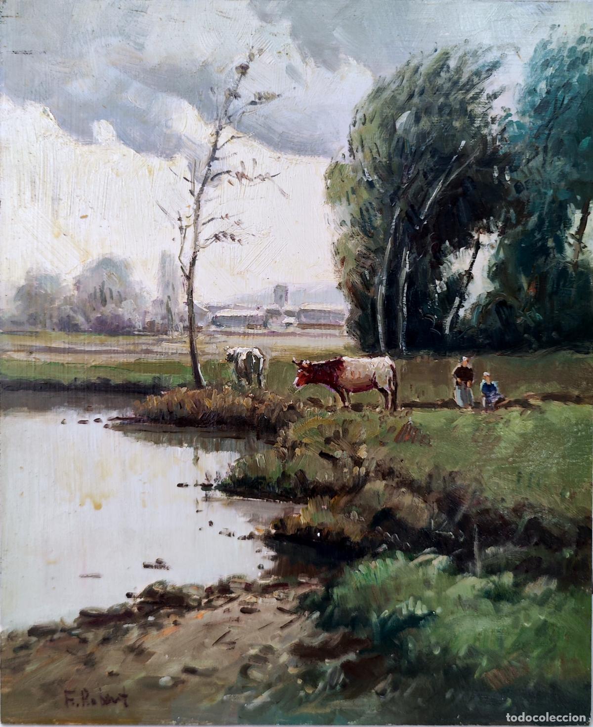 Kunst: &Oacute;leo sobre tabla. Paisaje campestre. F Robert. 22 x 27 cm