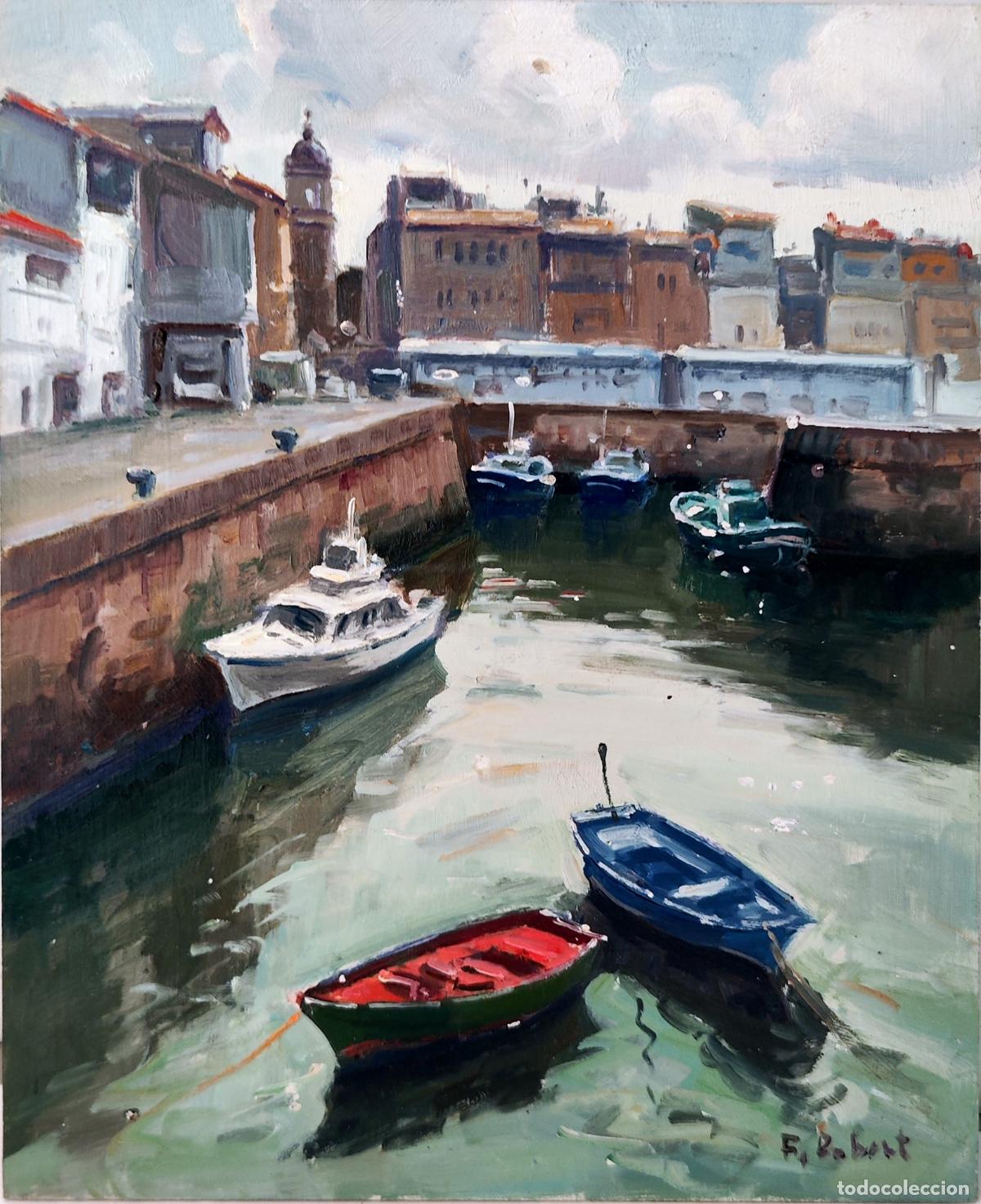 Kunst: &Oacute;leo sobre tabla. Puerto con barcas. Firmado F. Robert. 22 x 27 cm