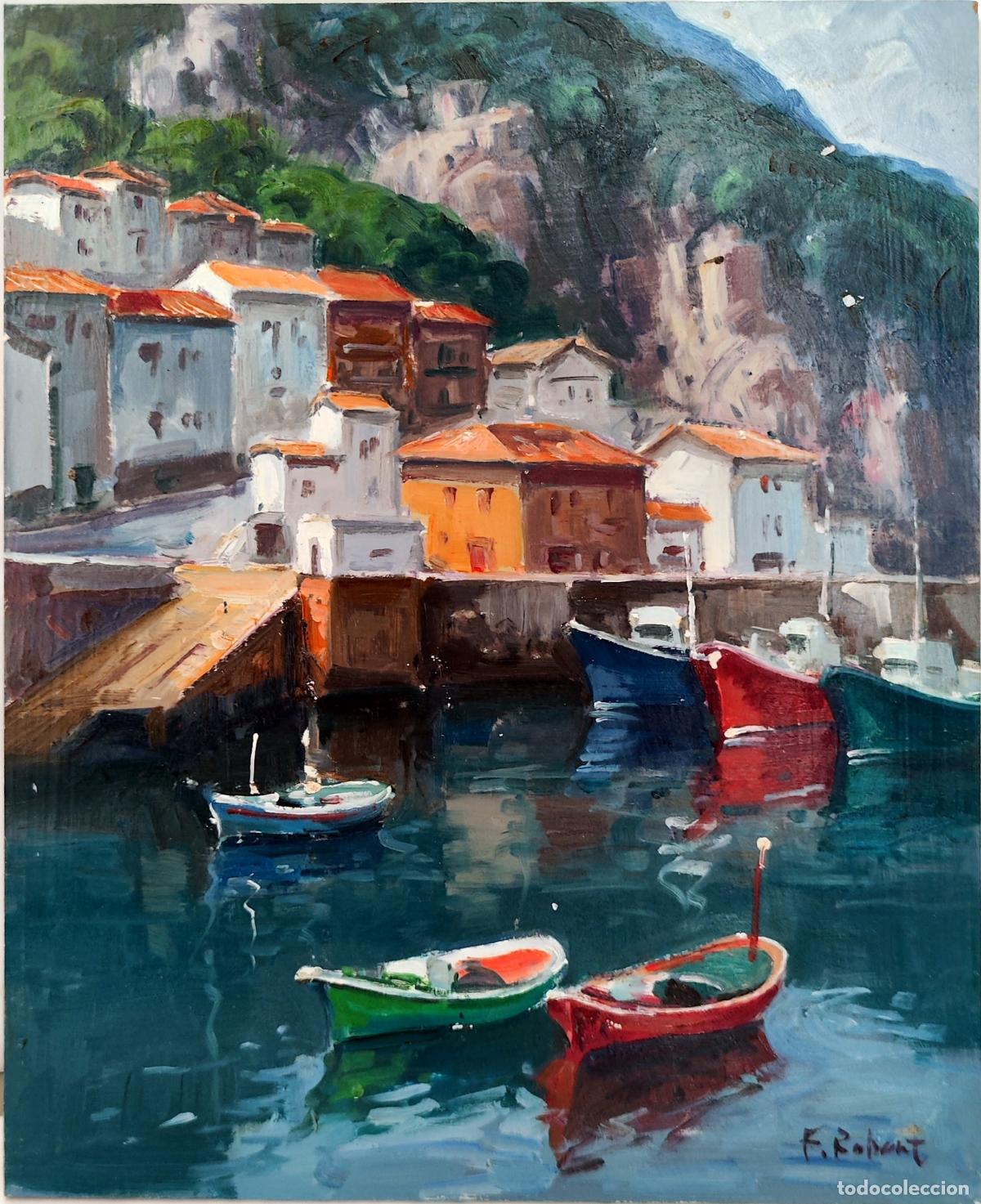 Kunst: &Oacute;leo sobre tabla. Puerto mar&iacute;timo. F Robert. 22 x 27 cm