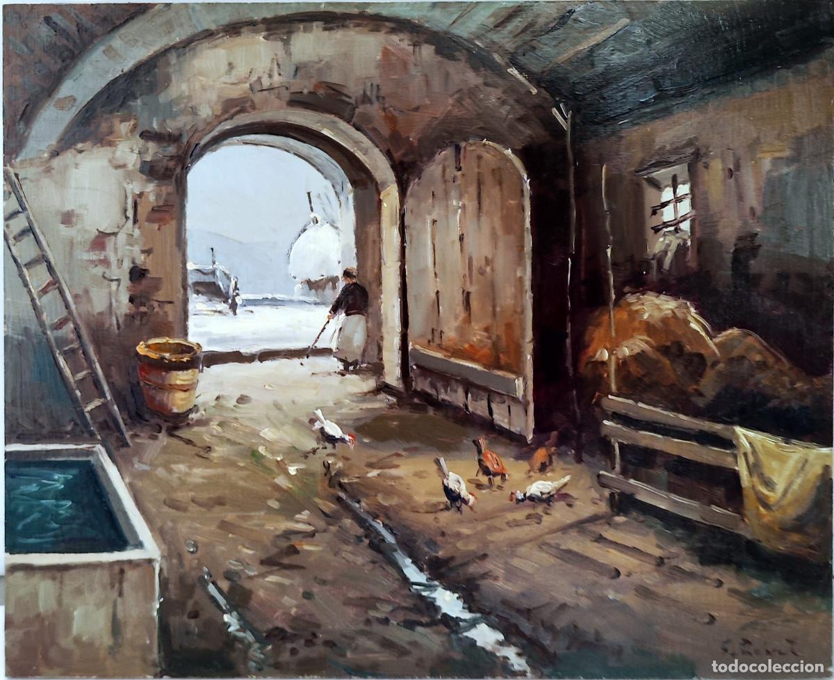 Arte: &Oacute;leo sobre tabla. Interior de cuadra. Firmado F Robert. 27 x 22 cm