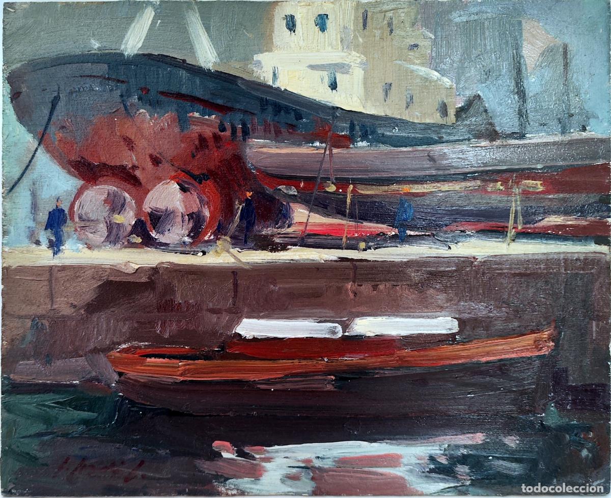 Arte: &Oacute;leo sobre tabla de Jordi Jord&aacute;. Puertos de Barcelona astilleros pr&aacute;cticos