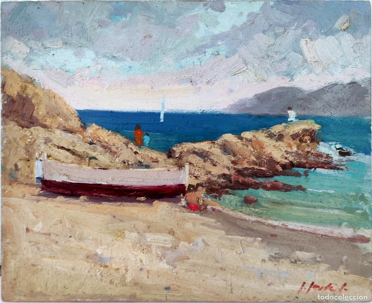 Arte: &Oacute;leo sobre tabla. Paisaje mar&iacute;timo. Firmado Jordi Jord&aacute;. 27 x 22 cm