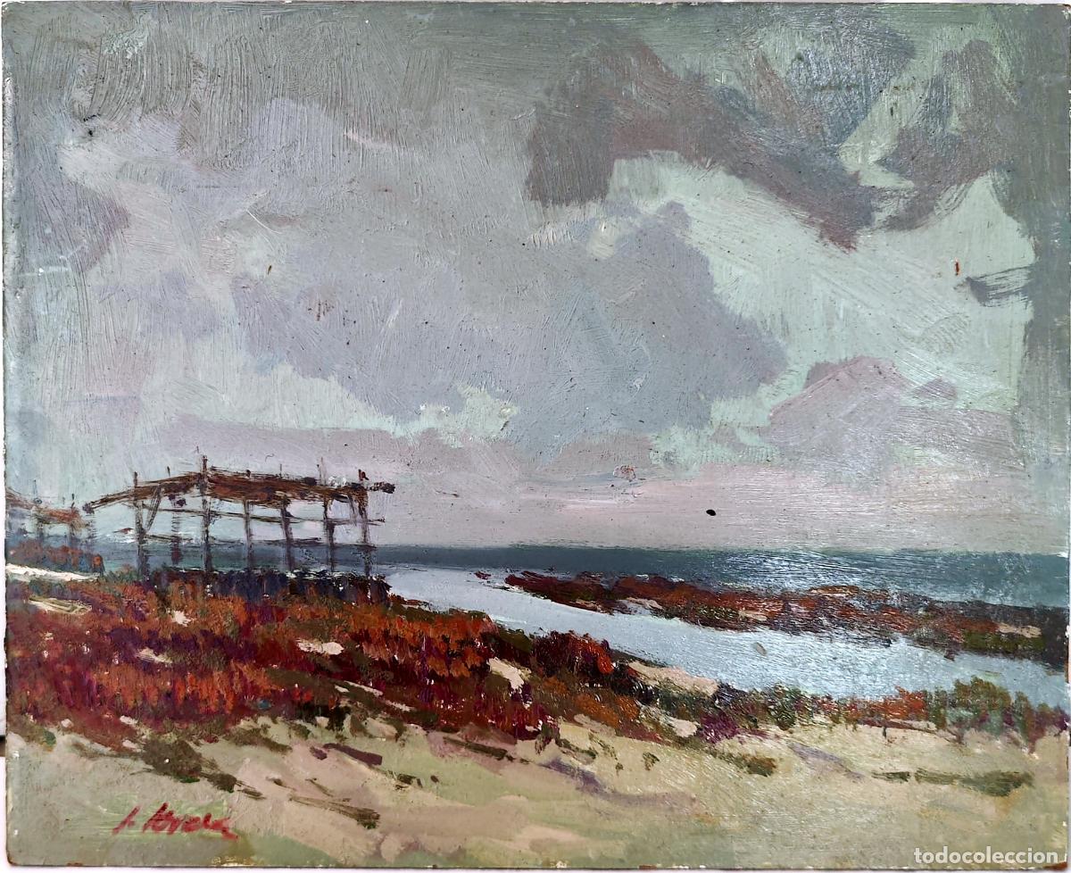 Arte: Oleo sobre tabla de Jordi Jord&aacute;. Paisaje marino con andamio. 27x22 cm