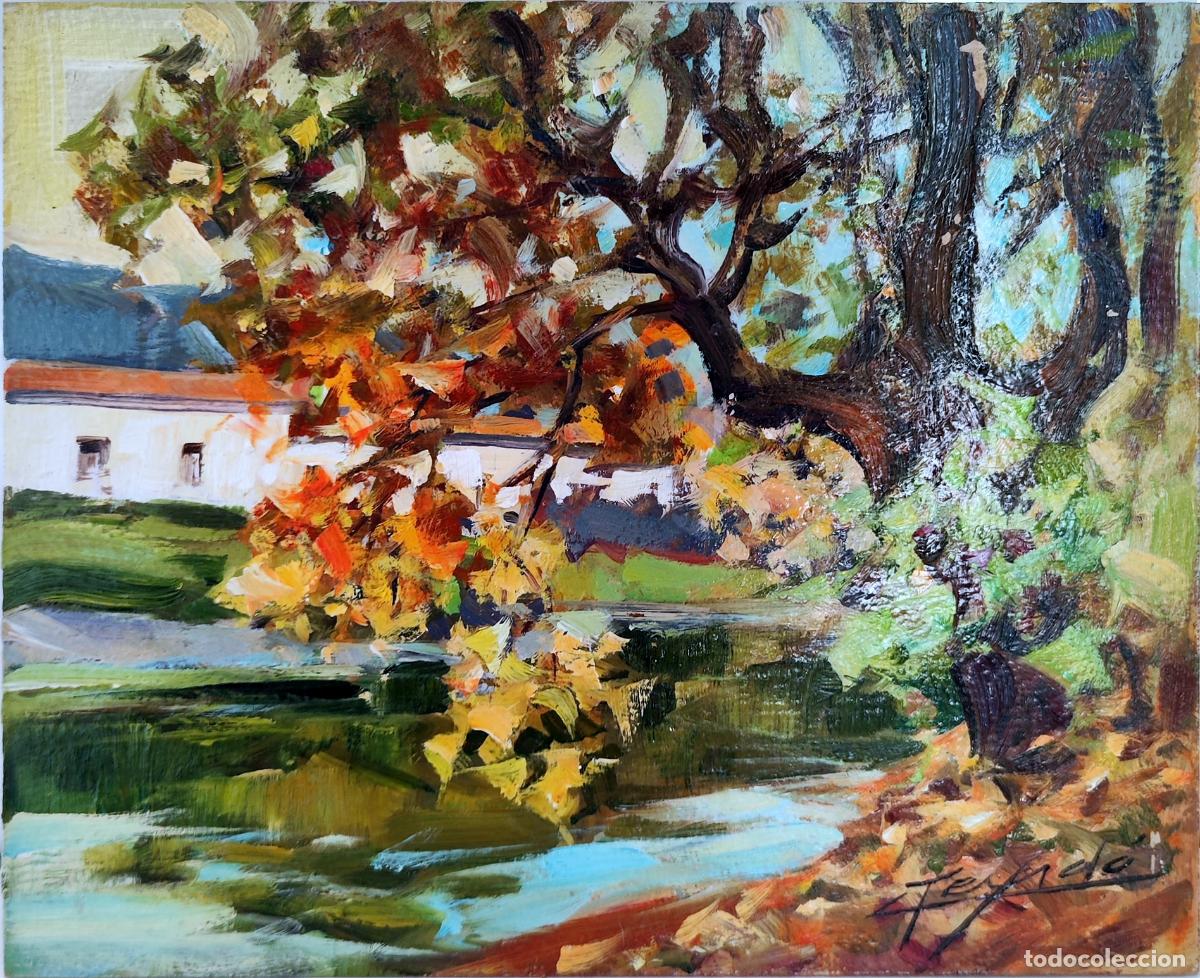 Arte: &Oacute;leo sobre tabla de Gaiet&agrave; Teixid&oacute; i Musach. Paisaje con r&iacute;o y &aacute;rboles. 27 x 22 cm