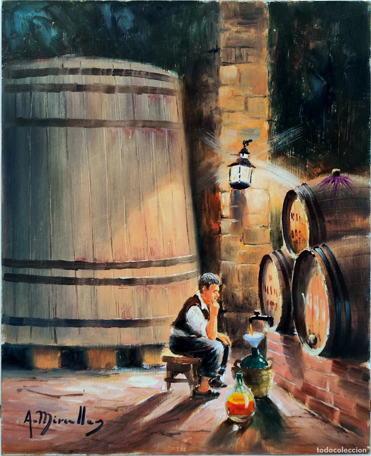 Arte: &Oacute;leo sobre tabla de A. Miralles. Interior de bodega con barriles. 22 x 27 cm