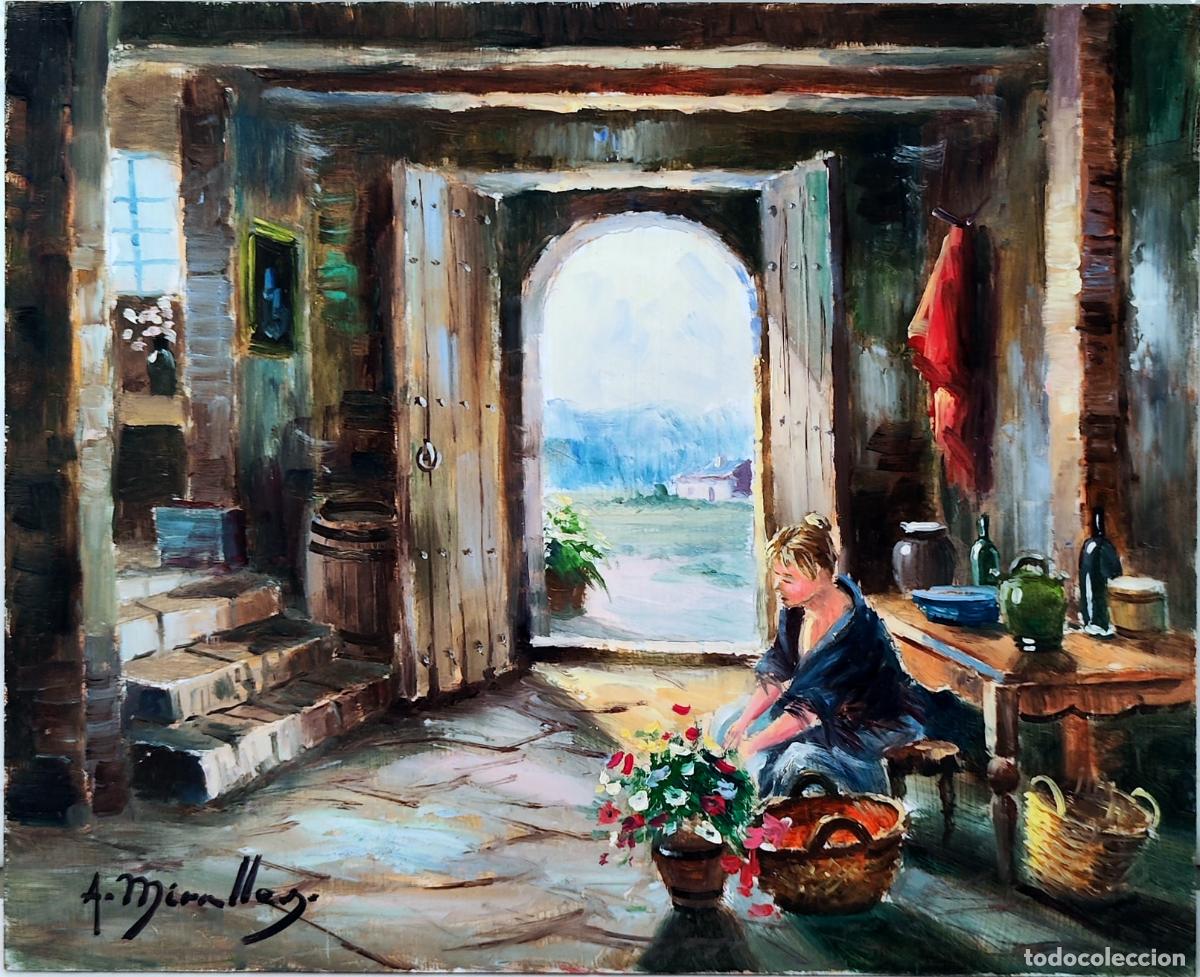 Arte: &Oacute;leo sobre tabla. Interior con figura. A Miralles. 27 x 22 cm