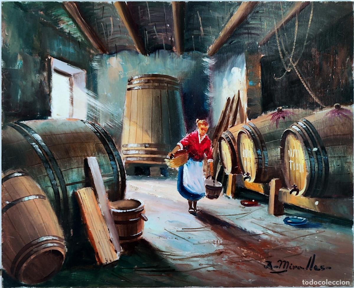 Arte: Oleo sobre tabla. Interior de bodega con barriles. A Miralles. 27x22 cm