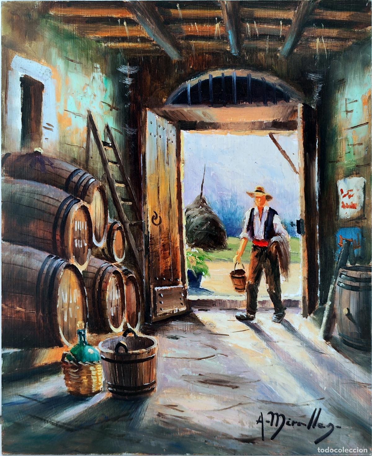 Arte: &Oacute;leo sobre tabla. Interior de bodega. A Miralles. 22 x 27 cm