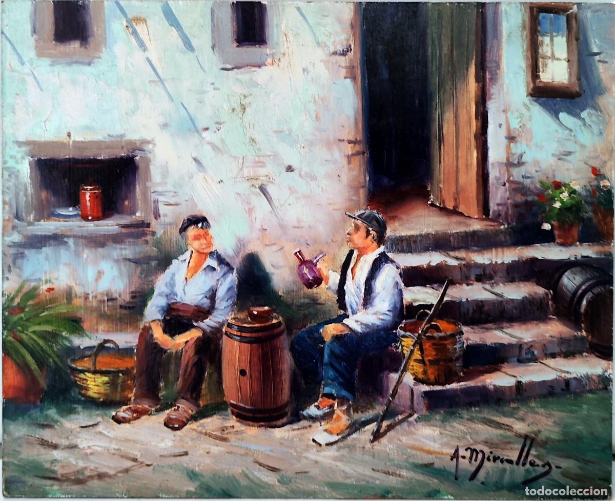 Arte: &Oacute;leo sobre tabla. Dos hombres en patio. A. Miralles. 27 x 22 cm