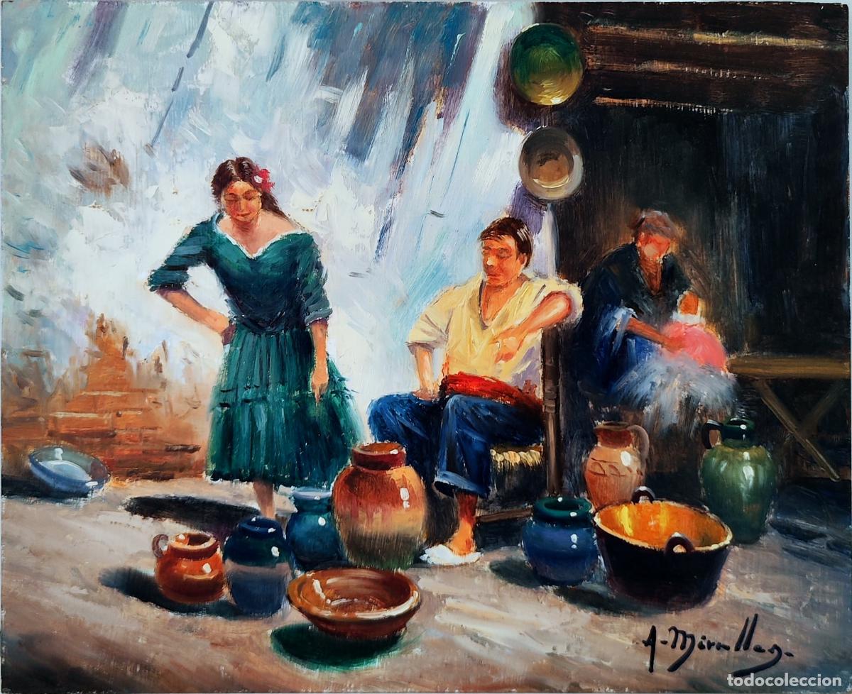 Arte: &Oacute;leo sobre tabla de A. Miralles. Escena costumbrista con figuras y alfarer&iacute;a