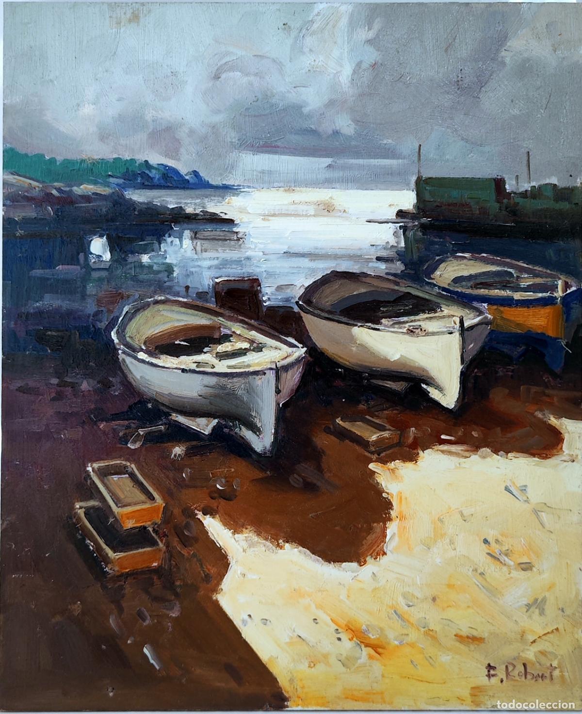 Arte: &Oacute;leo sobre tabla de F. Robert. Barcos en la playa. 22 x 27 cm