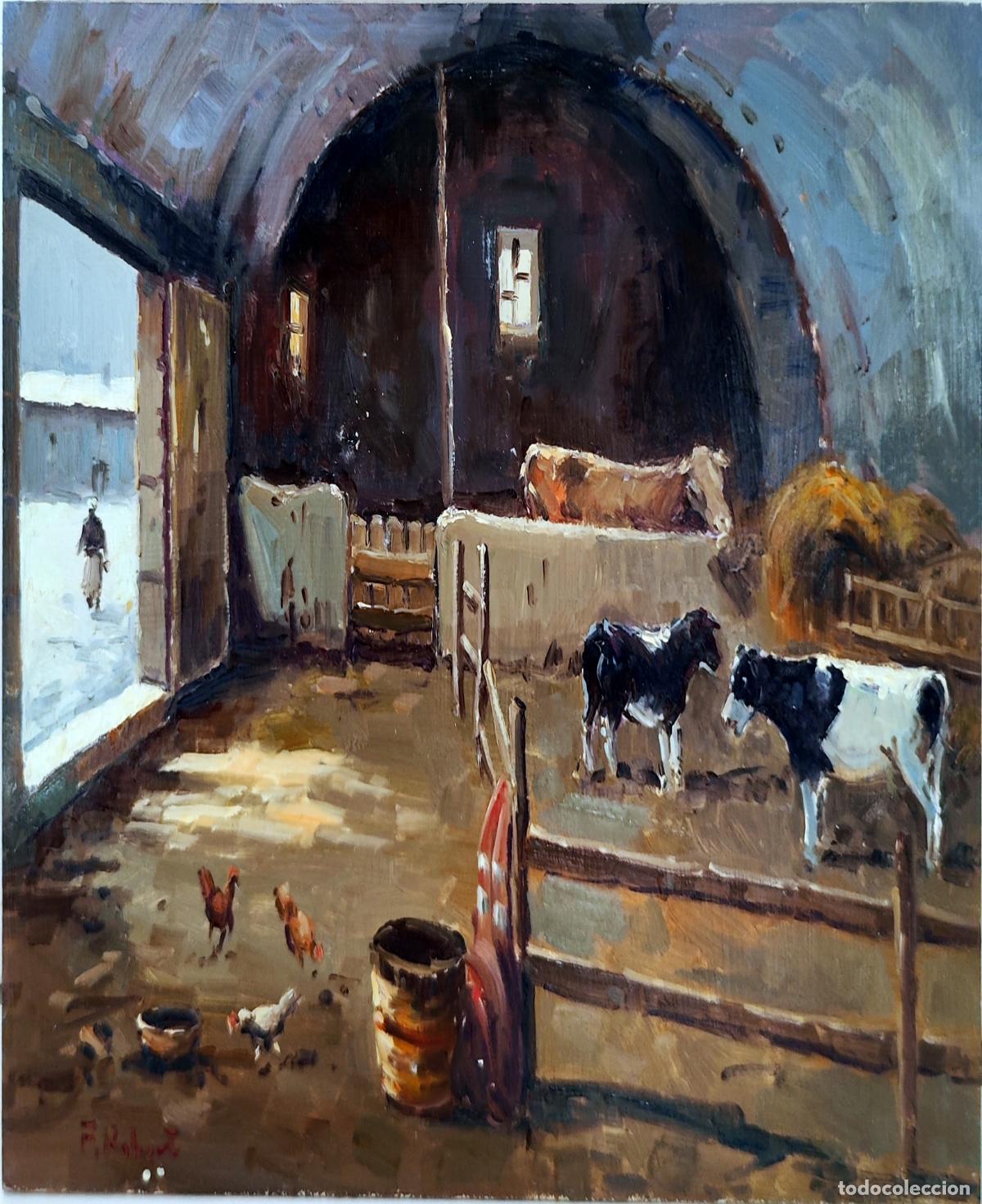 Arte: &Oacute;leo sobre tabla. Interior de establo con ganado. Firmado F. Robert. 22x27 cm