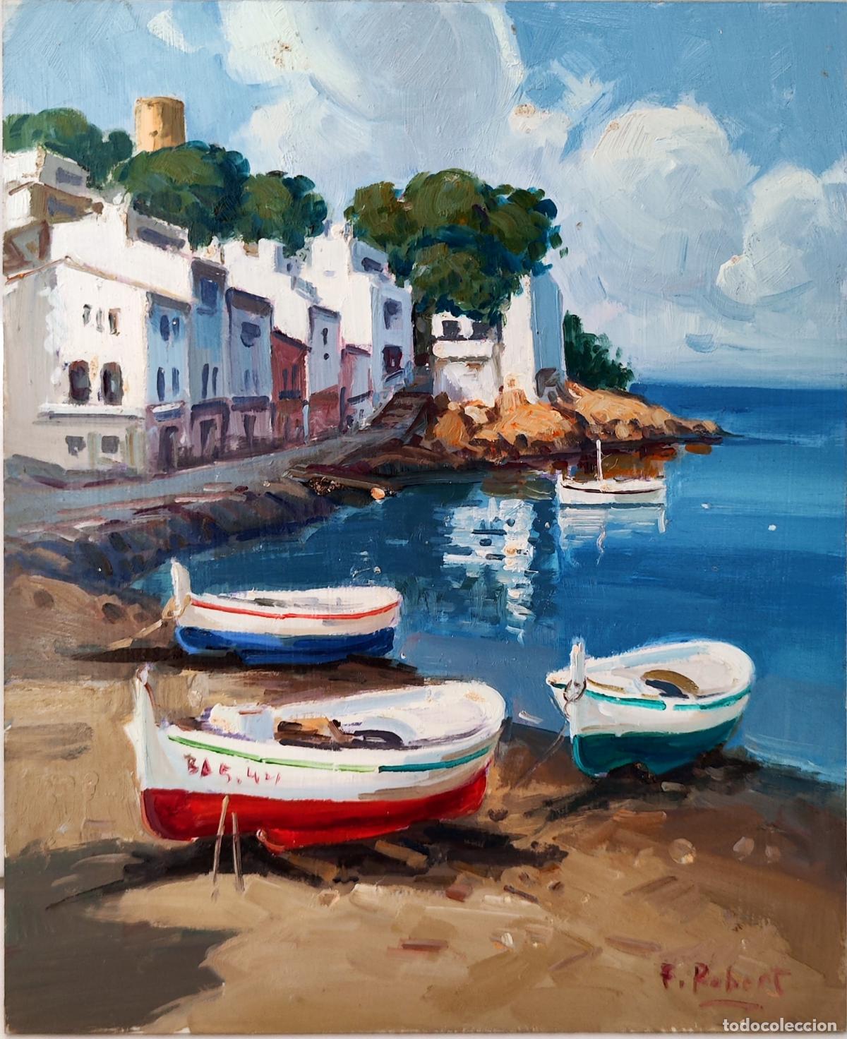Arte: &Oacute;leo de F. Robert. Paisaje mar&iacute;timo con barcas y casas blancas. 22 x 27 cm