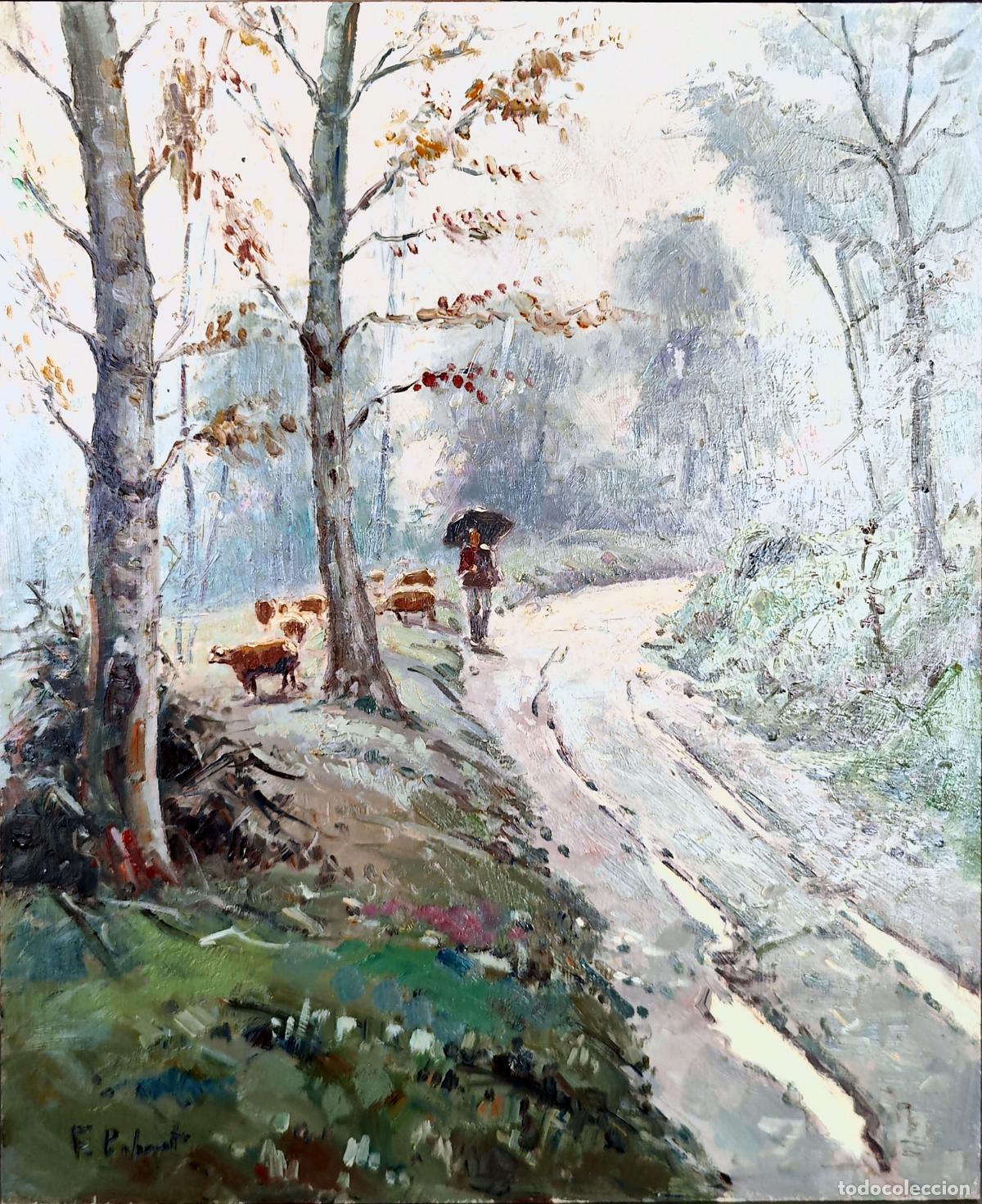 Arte: &Oacute;leo sobre tabla. Paisaje con ganado. Firmado F Robert. 22 x 27 cm