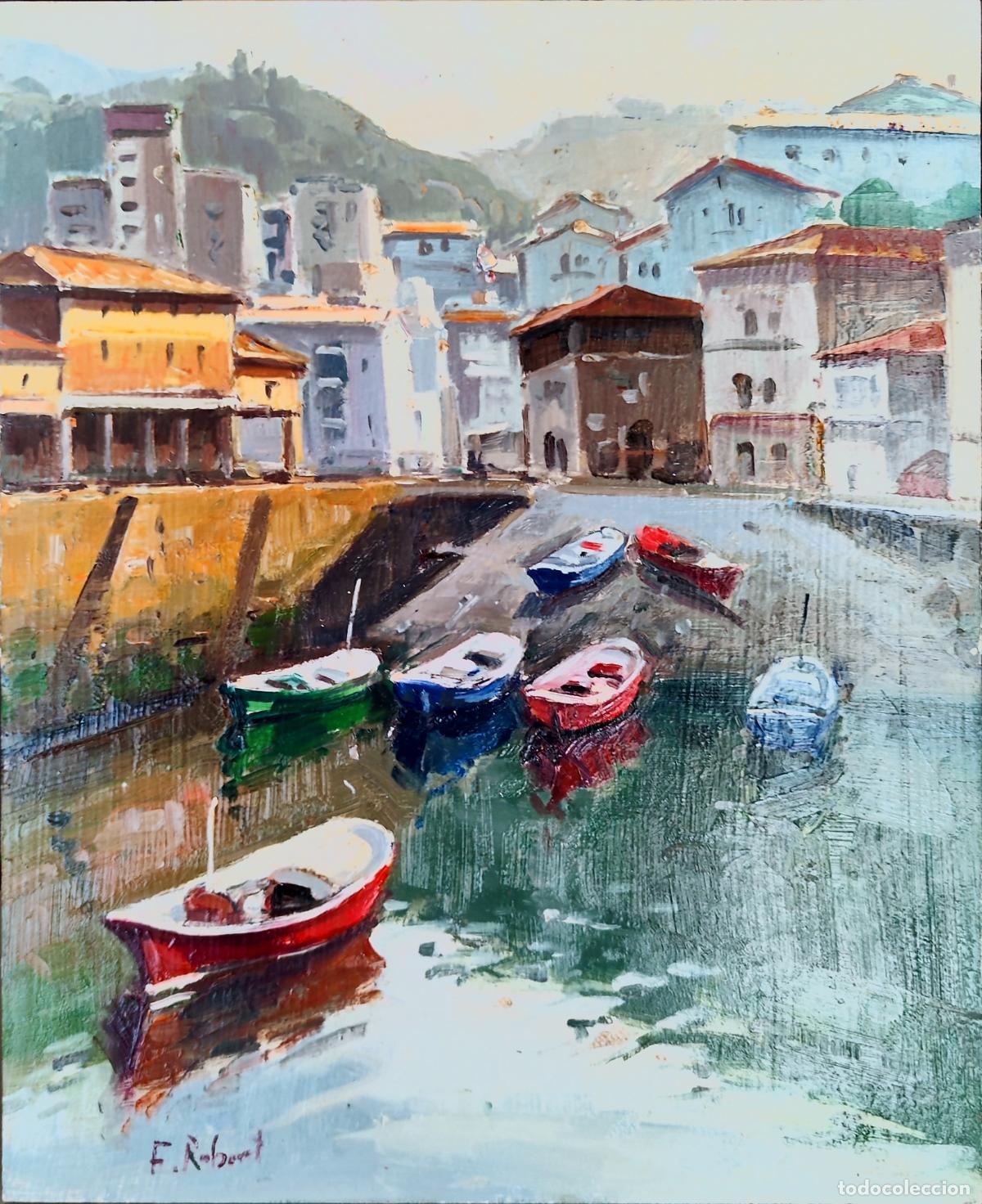 Arte: &Oacute;leo de F Robert. Barcos en puerto. 22 x 27 cm