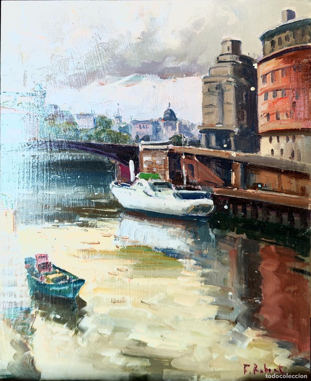 Arte: &Oacute;leo sobre tabla de F Robert. Barcos y arquitectura fluvial. 22 x 27 cm