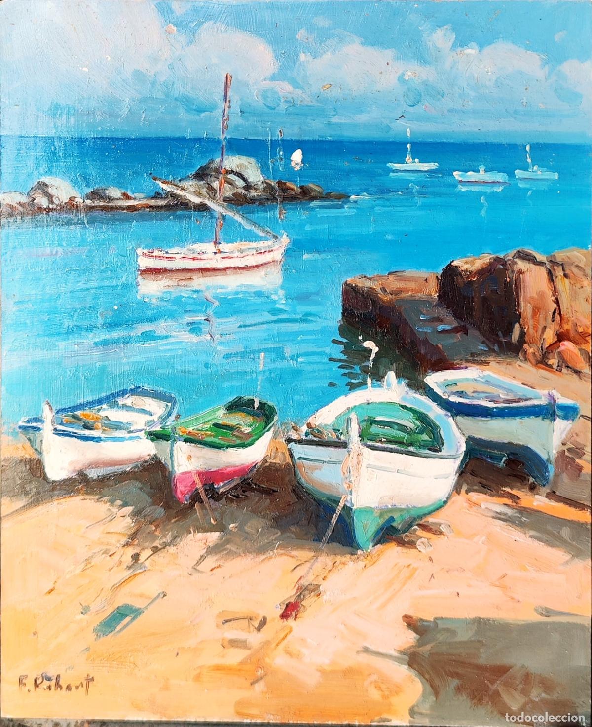 Arte: Oleo sobre tabla. Paisaje marino con barcas. Firmado F Robert. 22 x 27 cm