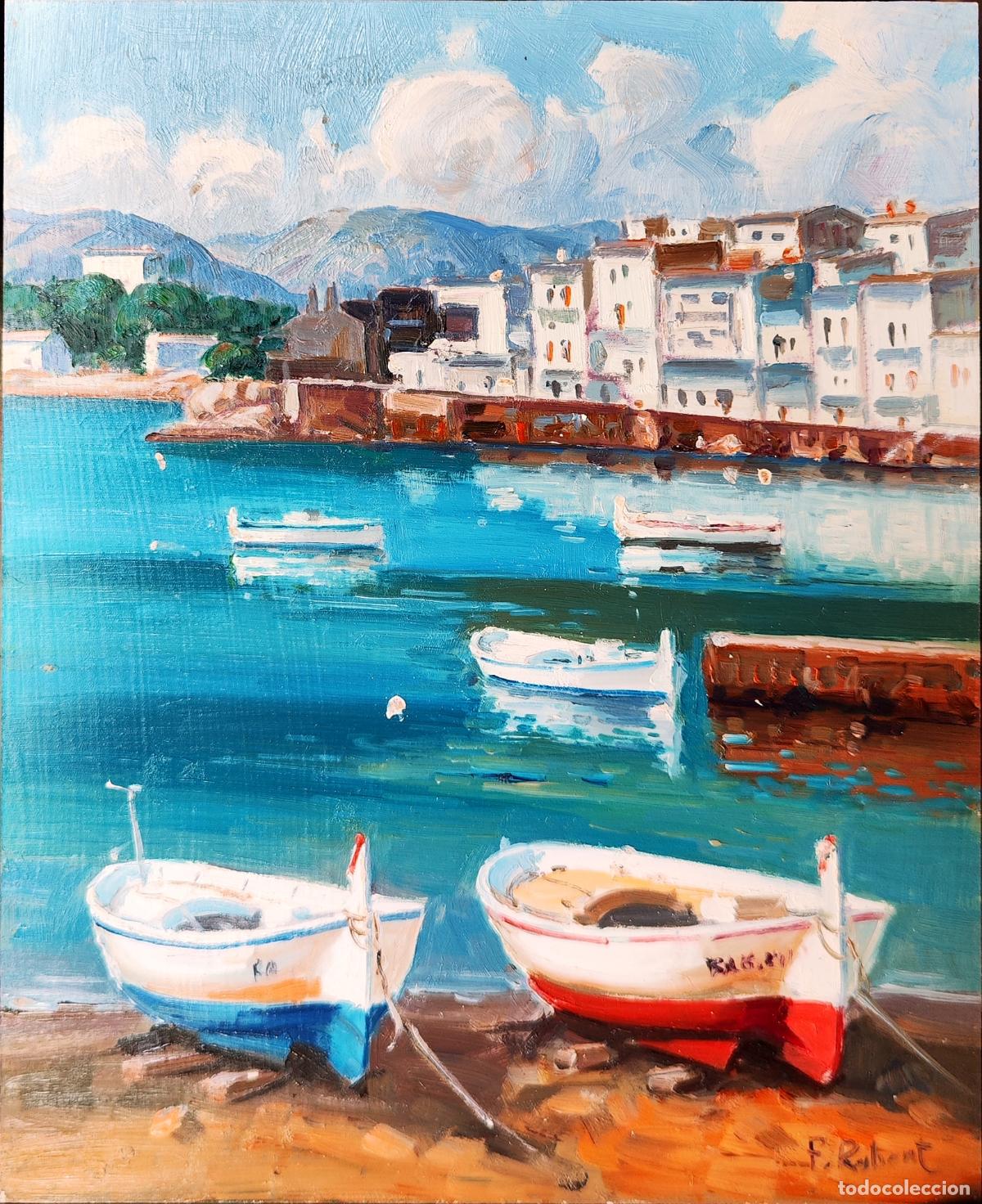 Arte: &Oacute;leo sobre tabla. Paisaje mar&iacute;timo de F Robert. 22 x 27 cm