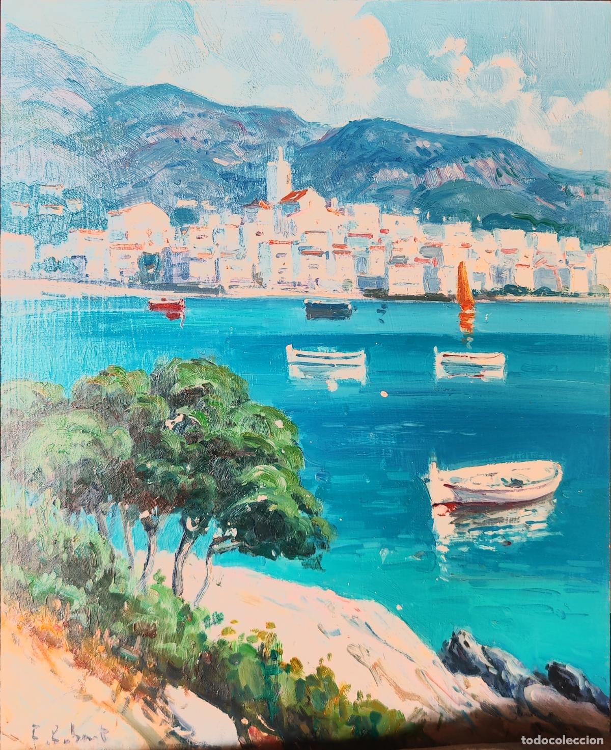 Arte: Oleo sobre tabla. Paisaje mar&iacute;timo mediterr&aacute;neo. Firmado F Robert. 22 x 27 cm