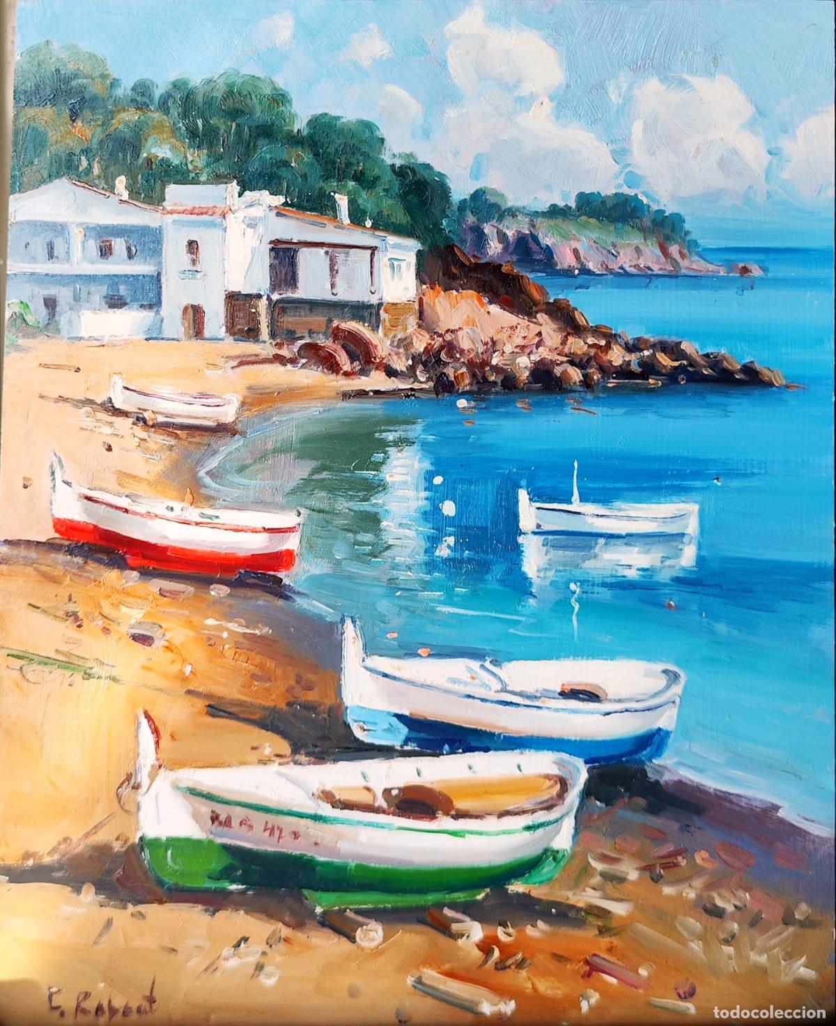Arte: Oleo sobre tabla. Paisaje mar&iacute;timo con barcas. Firmado F. Robert. 22x27 cm